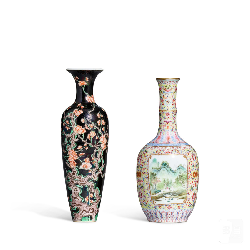 Two small vases, Qing dynasty, 19th century | 清十九世紀 墨地五彩梅花紋柳葉尊 及 粉彩山水圖長頸小瓶